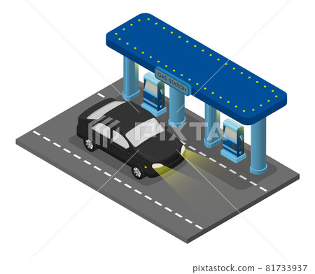 Isometric illustration. Passenger car refueling at gas station. Use of minerals as fuel. Cartoon 3d vector isolated on white background Isometric illustration. Passenger car refueling at gas station. Use of minerals as fuel. Cartoon 3d vector isolated on white background 81733937