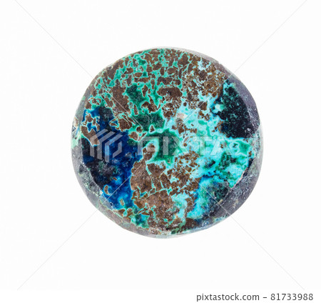 macro photography of natural mineral from geological collection - polished chrysocolla cabochon on white background macro photography of natural mineral from geological collection - polished chrysocolla cabochon on white background 81733988