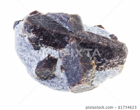 macro photography of natural mineral from geological collection - rough staurolite crystals in mica shale stone on white background 81734623