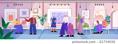 senior people visiting art gallery aged men women visitors viewing exhibits in museum old age concept senior people visiting art gallery aged men women visitors viewing exhibits in museum old age concept 81734656