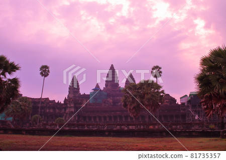 Cambodia, Siem Reap, World Heritage Site, Angkor Wat, Central Temple under restoration in 2010, and sunrise 81735357