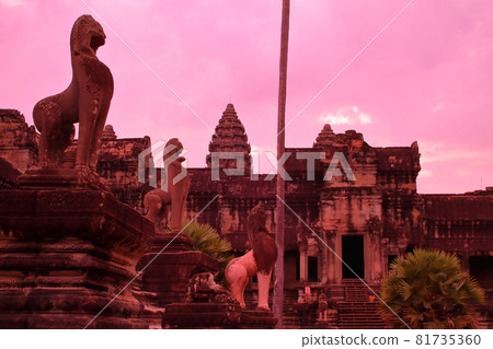Cambodia, Siem Reap, World Heritage site Angkor Wat ruins under restoration and sunrise in 2010 81735360