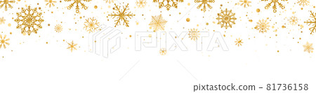 Golden snowflakes frame on long banner. Christmas gold celebration border. Happy New Year card. Snow fall. Winter design. Holiday background. Season greeting. Glitter luxury card. Vector illustration 81736158