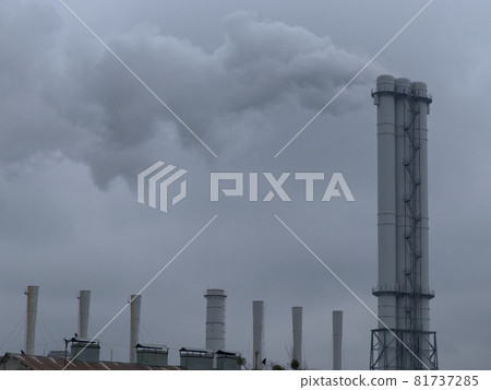 Smoke comes from industrial chimneys. The sky is covered with gray clouds. Environmental pollution. 81737285