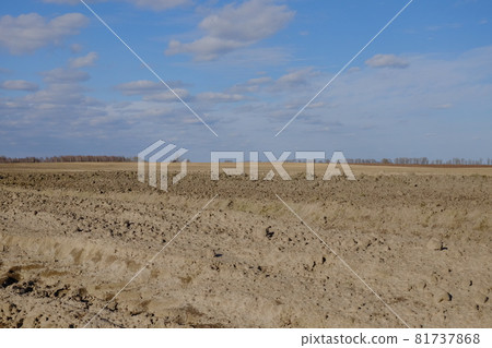 Blue sky over a plowed field. Spring landscape. Agriculture. 81737868