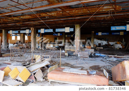 A plundered supermarket in the abandoned city of Pripyat. A dilapidated building contaminated with radiation. A plundered supermarket in the abandoned city of Pripyat. A dilapidated building contaminated with radiation. 81738346