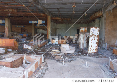 A plundered supermarket in the abandoned city of Pripyat. A dilapidated building contaminated with radiation. A plundered supermarket in the abandoned city of Pripyat. A dilapidated building contaminated with radiation. 81738348