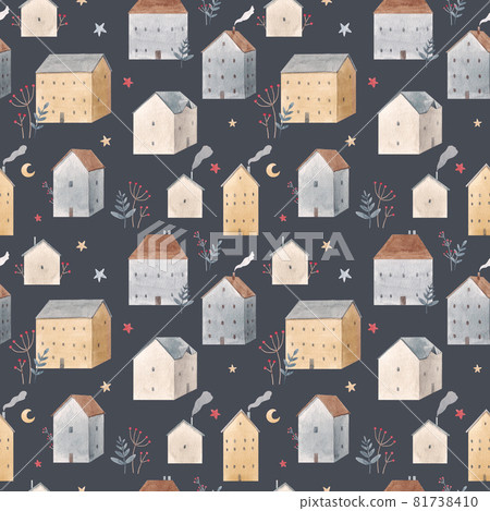 Beautiful winter seamless pattern with hand drawn watercolor cute houses. Stock illustration. 81738410