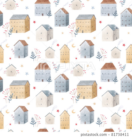Beautiful winter seamless pattern with hand drawn watercolor cute houses. Stock illustration. 81738411