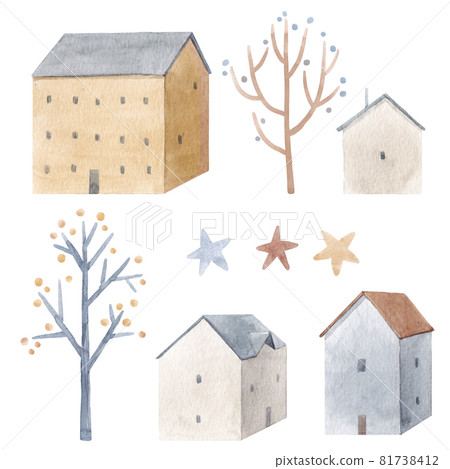 Beautiful winter composition with hand drawn watercolor cute houses. Stock illustration. Beautiful winter composition with hand drawn watercolor cute houses. Stock illustration. 81738412
