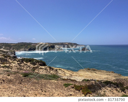 seascape, sea view, rocks and waves of the Atlantic Ocean, top view of the sea, warm sunny day 81738700