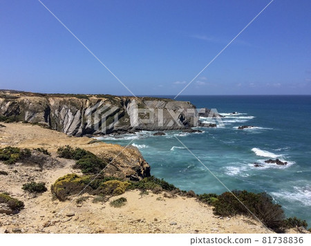 seascape, sea view, rocks and waves of the Atlantic Ocean, top view of the sea, warm sunny day 81738836