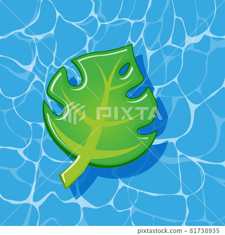 Pool infantable green palm tree leaf mattress place on water texture.  81738935