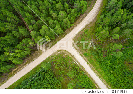 Aerial full frame view from drone of idyllic country intersecting roads in crossroad leading through gallant pine and birch forests in dark green colors in cloudy rainy weather  81739331