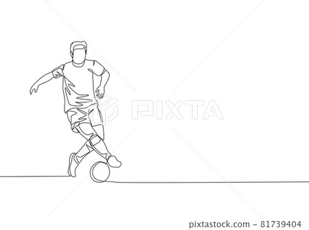 One continuous line drawing of young energetic football player controlling and dribbling the ball at the game. Soccer match sports concept. Single line draw design vector illustration One continuous line drawing of young energetic football player controlling and dribbling the ball at the game. Soccer match sports concept. Single line draw design vector illustration 81739404
