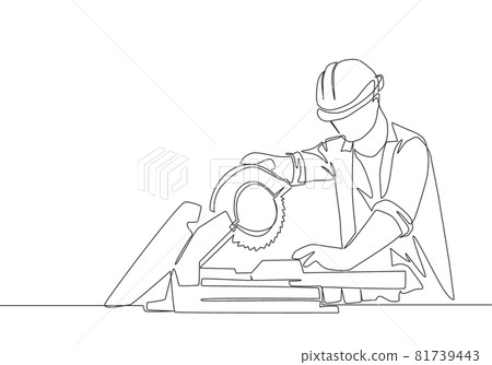 Single continuous line drawing of young attractive woodworker cutting wooden board using circular saw. Home renovation service concept one line draw design illustration 81739443