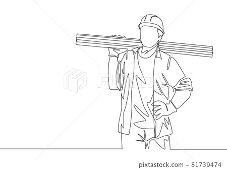 Single continuous line drawing of young lumberjack wearing helmet and glove while carrying stack of woods. Carpenter building maintenance service concept. One line draw design illustration Single continuous line drawing of young lumberjack wearing helmet and glove while carrying stack of woods. Carpenter building maintenance service concept. One line draw design illustration 81739474