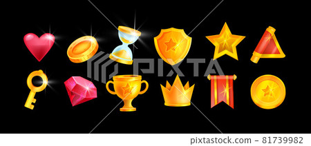 Game icon set, vector UI design element collection, golden shield, red flag, gemstone, coin, star 81739982