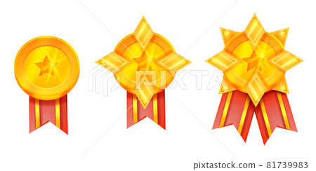 Gold medal award vector illustration, game trophy prize icon set, red ribbon, star isolated on white 81739983