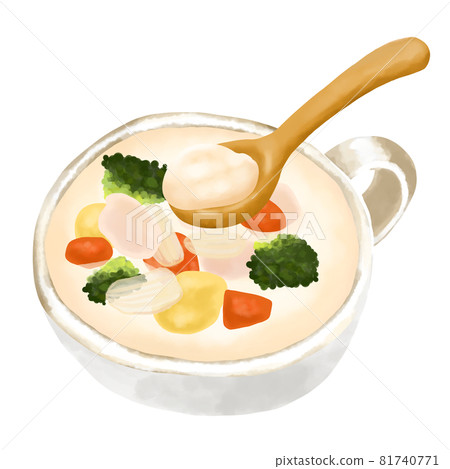 Watercolor illustration cream stew (white stew) and wooden spoon 81740771