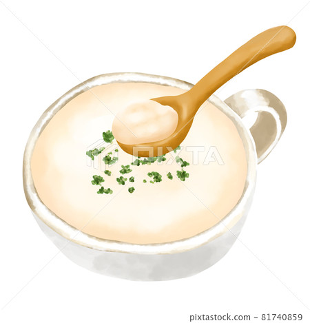 Watercolor illustration potato potage (Vichyssoise) and wooden spoon Watercolor illustration potato potage (Vichyssoise) and wooden spoon 81740859