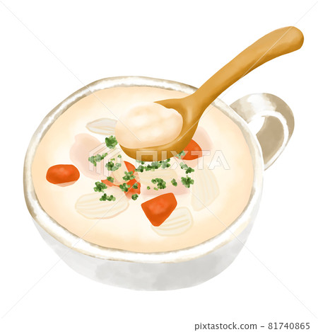 Watercolor illustration: Chicken cream soup (clam chowder) and wooden spoon 81740865