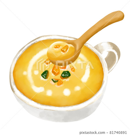 水彩插圖南瓜湯（南瓜湯）和木勺 81740891