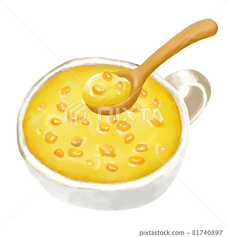 水彩插圖玉米湯配穀物（玉米濃湯）和木勺 81740897