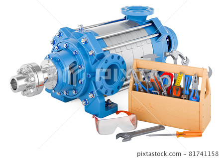 Centrifugal pump with toolbox. Service and repair of horizontal multistage pump, 3D rendering Centrifugal pump with toolbox. Service and repair of horizontal multistage pump, 3D rendering 81741158