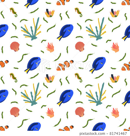 Sea animal seamless pattern with clownfish and surgeonfish coral and shell. Undersea world habitants print. Hand drawn underwater life vector illustration. Funny cartoon marine animals character Sea animal seamless pattern with clownfish and surgeonfish coral and shell. Undersea world habitants print. Hand drawn underwater life vector illustration. Funny cartoon marine animals character 81741467