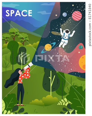 Woman looking at starry sky with planets, astronaut in outer space through telescope, vector illustration. Space poster. Woman looking at starry sky with planets, astronaut in outer space through telescope, vector illustration. Space poster. 81741840