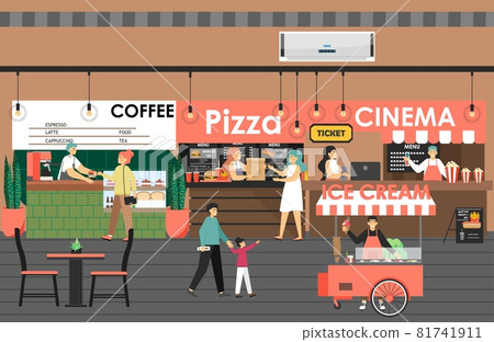 Shopping and entertainment center with cinema, pizza, coffee shop, ice cream, flat vector illustration. Shopping mall. 81741911
