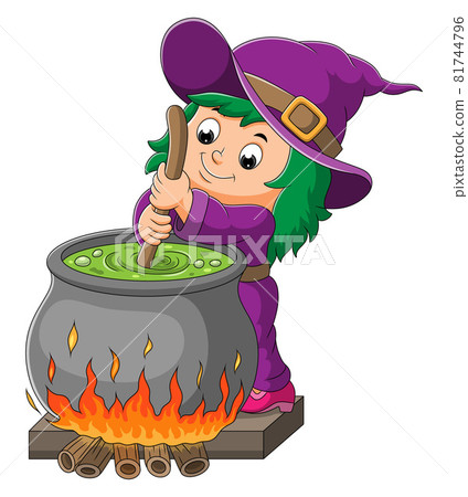 The little witch girl is mixing the potion on the pot  81744796