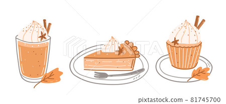 Set of autumn sweets - pumpkin spice latte, piece of pumpkin pie and cupcake Set of autumn sweets - pumpkin spice latte, piece of pumpkin pie and cupcake 81745700