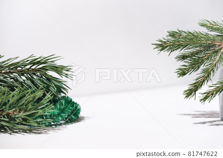 christmas scene with fir tree branches. display showcase for winter holiday sale. product placement set mockup. copy space 81747622