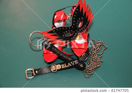 BDSM tools leather collar, mask, shoes and flogger. 81747705