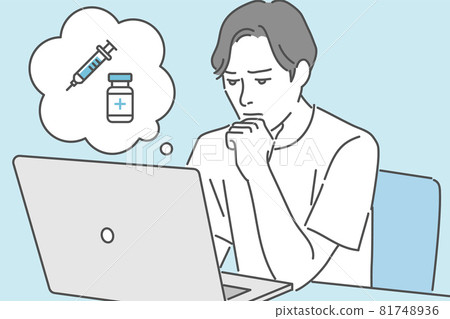 一名男子使用筆記本電腦在互聯網上搜索疫苗信息的圖像說明材料 81748936