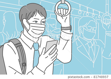 Image illustration of a man wearing a mask and researching on his smartphone while commuting by train 81748937