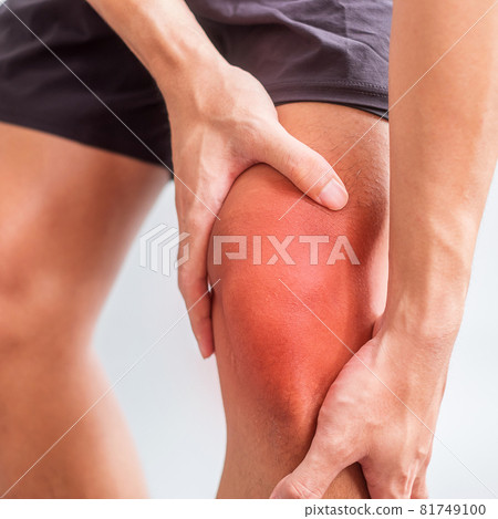 man with muscle pain on grey background. Elderly have knee ache due to Runners Knee or Patellofemoral Pain Syndrome, osteoarthritis, arthritis, rheumatism and Patellar Tendinitis. medical concept 81749100