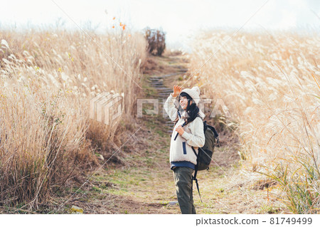 在日本蒲葦蔓延的高原上徒步旅行的婦女 81749499
