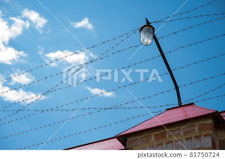 Barbed wire on the fence of the prison against the blue sky 81750724