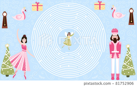 Christmas printable worksheet for kids with nutcracker chracter and ballerina, help to find right way to fairy 81752906