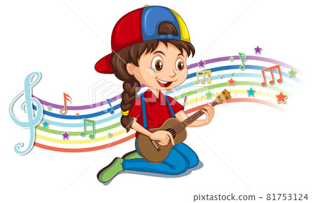 Girl playing guitar with melody symbols on rainbow wave Girl playing guitar with melody symbols on rainbow wave 81753124