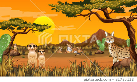 Desert forest landscape at sunset time scene with wild animals Desert forest landscape at sunset time scene with wild animals 81753138