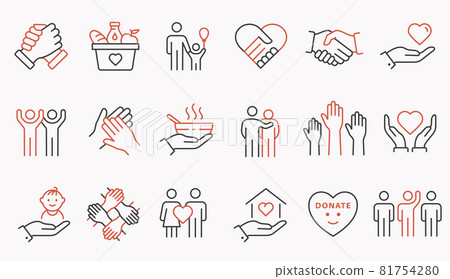 Charity line icon set. Collection of handshake, donate, heart, help and more. Editable stroke. 81754280