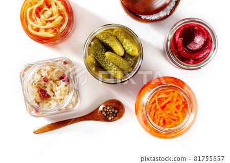 Fermented food on a white background. Canned sauerkraut, carrot etc 81755857