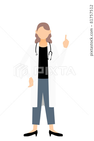 A female doctor in a white coat raises her index finger and poses for pointing 81757512