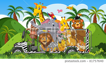 Safari scene at daytime with wild animals on... - Stock Illustration ...