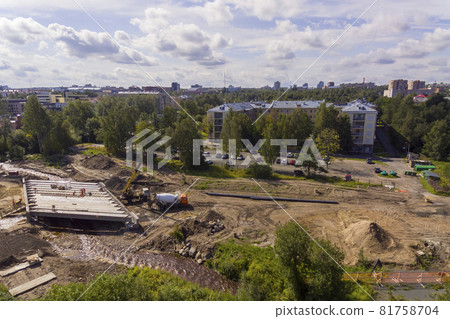 Aerial panorama of road with bridge under construction in downtown in summer 81758704