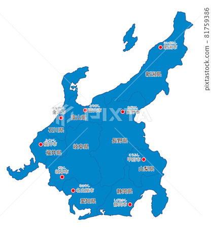 Japan regional divisions - Chubu - Prefecture names and prefectural capitals with furigana - bu Japan regional divisions - Chubu - Prefecture names and prefectural capitals with furigana - bu 81759386